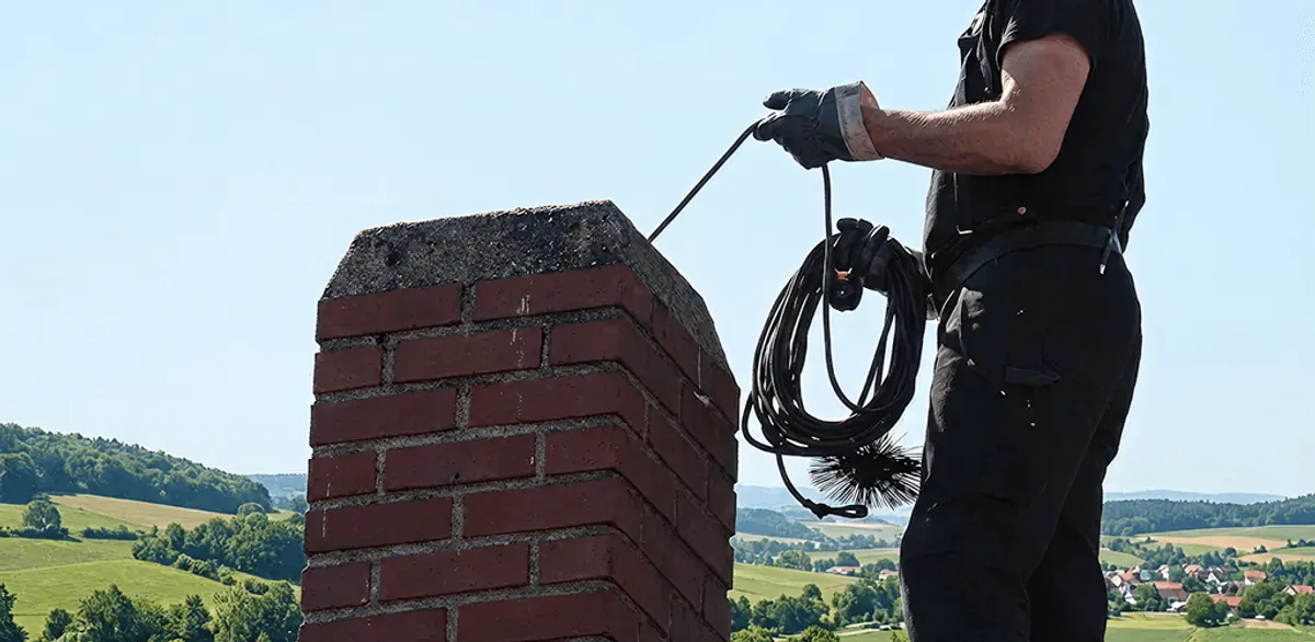 Chimney sweep inspecting and cleaning a rooftop chimney in Buffalo, NY