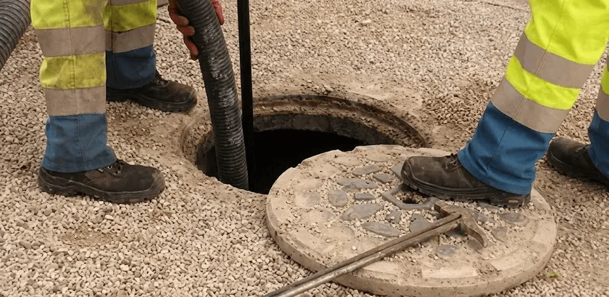 Drain cleaning crew clearing a sewer access point with professional equipment in Buffalo, NY